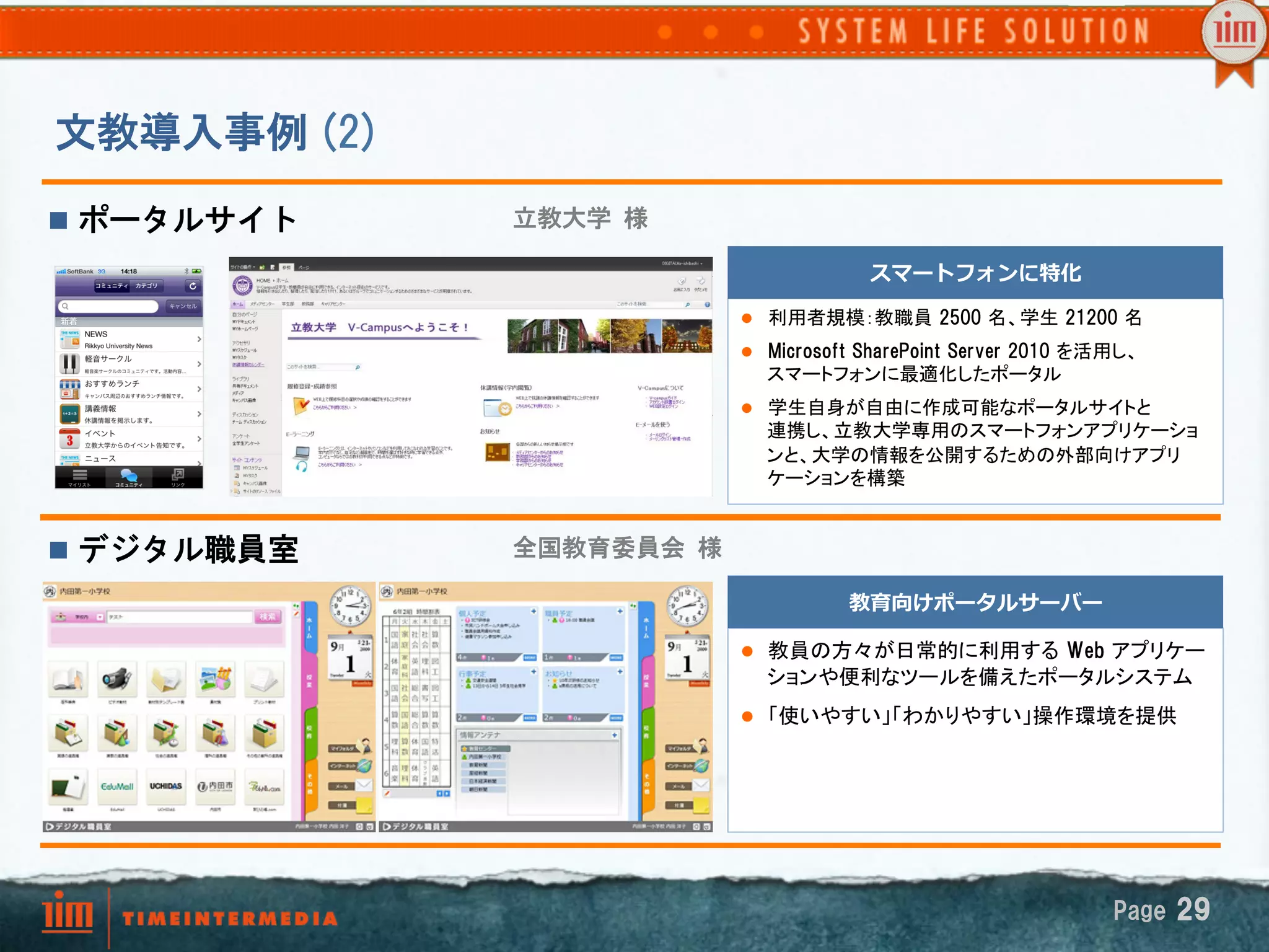 文教導入事例  (2)
n  ポータルサイト   立教大学  様

                                         スマートフォンに特化

                           l  利用者規模：教職員  2500  名、学生  21200  名	

                           l  Microsoft  SharePoint  Server  2010  を活用し、
                              スマートフォンに最適化したポータル
                           l  学生自身が自由に作成可能なポータルサイトと
                              連携し、立教大学専用のスマートフォンアプリケーショ
                              ンと、大学の情報を公開するための外部向けアプリ
                              ケーションを構築	


n  デジタル職員室   全国教育委員会  様

                                       教育向けポータルサーバー

                           l  教員の方々が日常的に利用する  Web  アプリケー
                              ションや便利なツールを備えたポータルシステム
                           l  「使いやすい」「わかりやすい」操作環境を提供


                              	




                                                                      Page  29
 