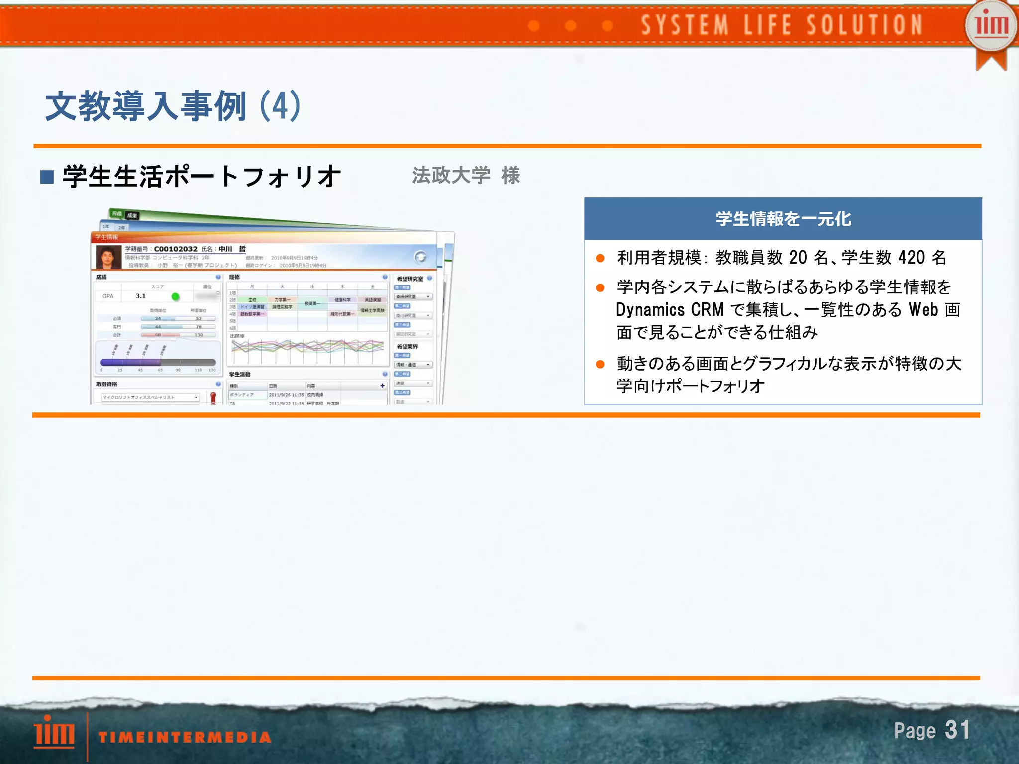 文教導入事例  (4)
n  学生生活ポートフォリオ   法政大学  様

                                        学⽣生情報を⼀一元化

                            l  利用者規模： 教職員数  20  名、学生数  420  名	

                            l  学内各システムに散らばるあらゆる学生情報を
                              Dynamics  CRM  で集積し、一覧性のある  Web  画
                              面で見ることができる仕組み
                            l  動きのある画面とグラフィカルな表示が特徴の大
                              学向けポートフォリオ	




                                                         Page  31
 