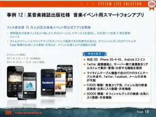事例  12  :  某音楽雑誌出版社様　音楽イベント用スマートフォンアプリ

フェス参加者  15  万人の巨大音楽イベント用公式アプリを開発	
l    期間限定の音楽フェスをより楽しむためのツールとしてサービスを提供し、大好評につき第  2  弾を開発・
      リリース
l    タイムスケジュールやエリアマップをモバイルで確認できる利便性の良さと、オフィシャルグッズのアイテムや  
      Food  情報のお気に入り登録・共有など、イベントを盛り上げる機能も充実
      	

【プロジェクト期間】
2011  年 5  月 ～ 7  月 （初期開発） 
                                      l  対応  OS:    iPhone  3G・4・4S、  Android  2.2・2.3
2011  年 10  月 ～ 12  月 （Ver.2  開発）	
                                      l  Twitter  連携機能と、サーバー側で連携数をリア
	
                                        ルタイムで集計・管理・分析する機能を提供
	
                                      l  マイタイムテーブル機能で自分だけのタイムテー
                                        ブル作成や、Twitter、Facebook、メールの共有
                                        が可能
                                      l  FOODS  情報：  飲食エリア別、ジャンル別の飲食
                                        店検索・お気に入り登録・共有機能
                                      l  GOODS  情報：  オフィシャルグッズの検索・お気に
                                        入り登録・共有機能



                                                                                Page  16
 