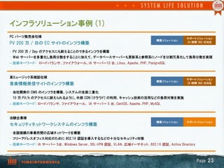 インフラソリューション事例  (1)
PC  パーツ販売会社様                                                                               サポートソリューション
                                                                           構築ソリューション
PV  200  万  /  日の  EC  サイトのインフラ構築                                                          24  時間  365  日対応


•  PV  200  万  /  Day  のアクセスにも耐えることのできるインフラを構築
•  Web  サーバーを多重化し負荷分散をすることに加えて、データベースサーバーも更新系と参照系にノードを分割冗長化して負荷分散を実現
–  技術キーワード：　ロードバランサ、ファイアウォール、IA  サーバー10  台、Linux、Apache、PHP、PostgreSQL



某ミュージック系雑誌社様
                                                                                           サポートソリューション
                                                                           構築ソリューション
音楽情報発信サイトのインフラ構築                                                                           24  時間  365  日対応


•  当社開発の  CMS  のインフラを構築、システムの全面二重化
•  10  万  PV/h  のアクセスに耐えられるように、外部  CDN  (クラウド)  の利用、キャッシュ技術の活用などの負荷対策を実施
–  技術キーワード：  ロードバランサ、ファイアウォール、  IA  サーバー  5  台、CentOS、Apache、PHP、MySQL



治験企業様
                                                                           構築ソリューション       サポートソリューション
セキュリティネットワークシステムのインフラ構築
•  全国規模の事業所間の広域ネットワークを構築
•  フリーアドレスオフィス対応のために  802.1X  認証を導入するなどの十分なセキュリティ対策
–  技術キーワード：  IA  サーバー  5台、Windows  Server、SSL-VPN  認証、VLAN、広域イーサネット、802.1X  認証、Active  Directory



                                                                                                   Page  23
 