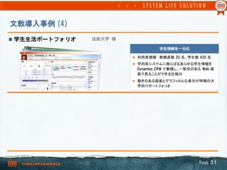 文教導入事例  (4)
n  学生生活ポートフォリオ   法政大学  様

                                        学⽣生情報を⼀一元化

                            l  利用者規模： 教職員数  20  名、学生数  420  名	

                            l  学内各システムに散らばるあらゆる学生情報を
                              Dynamics  CRM  で集積し、一覧性のある  Web  画
                              面で見ることができる仕組み
                            l  動きのある画面とグラフィカルな表示が特徴の大
                              学向けポートフォリオ	




                                                         Page  31
 