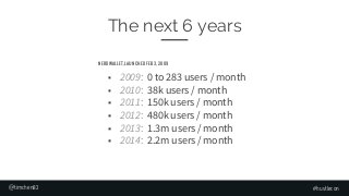 The next 6 years
■ 2009: 0 to 283 users / month
■ 2010: 38k users / month
■ 2011: 150k users / month
■ 2012: 480k users / ...