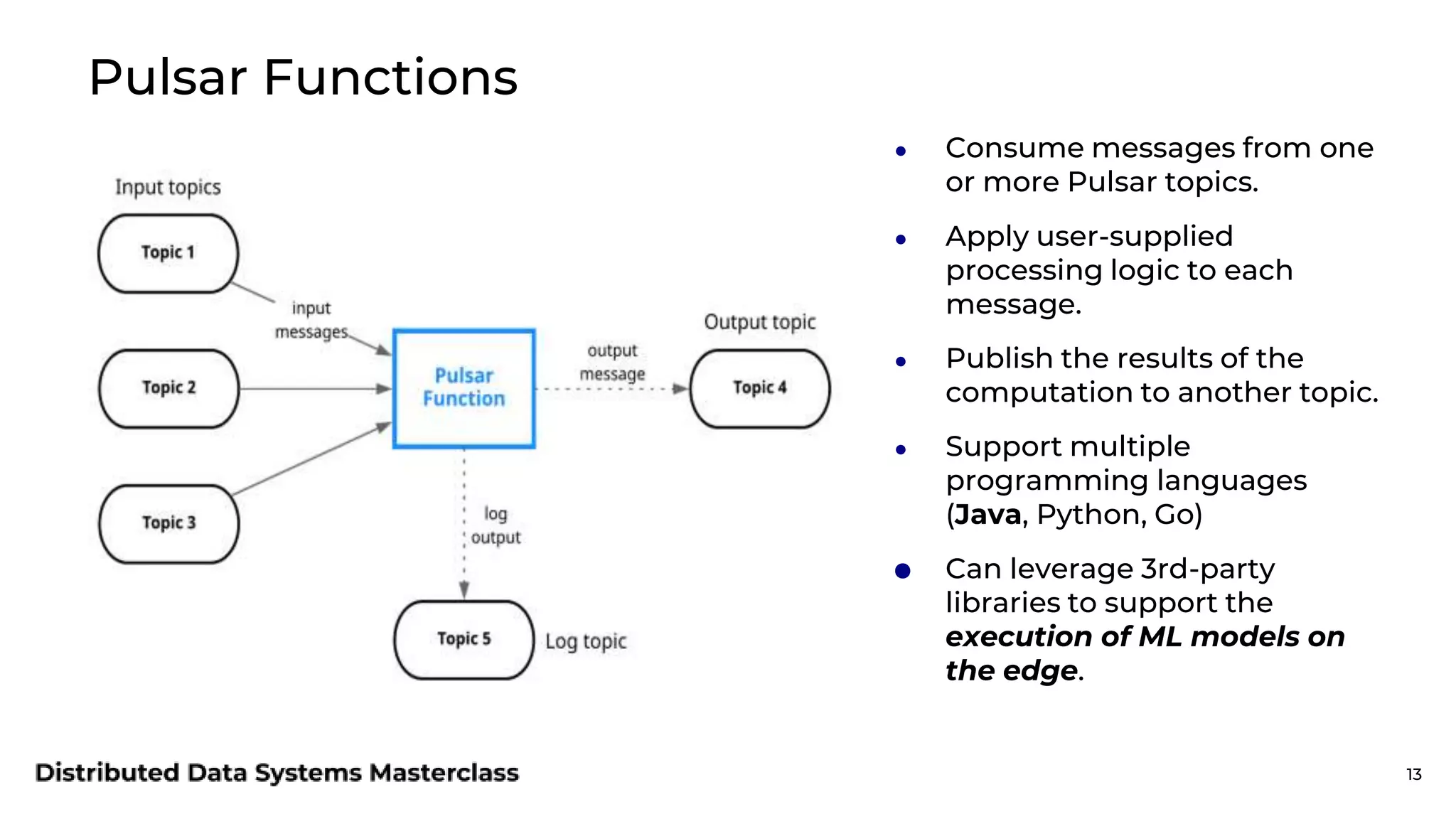 ● Consume messages from one or more Pulsar topics. ● Apply user-supplied processing logic to each message. ● Publish the results of the computation to another topic. ● Support multiple programming languages (Java, Python, Go) ● Can leverage 3rd-party libraries to support the execution of ML models on the edge. 13 Pulsar Functions 