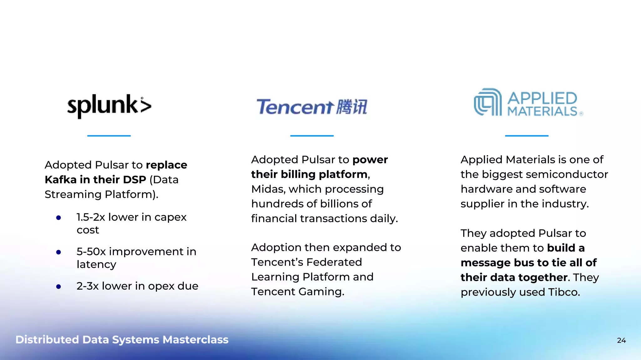 Adopted Pulsar to replace Kafka in their DSP (Data Streaming Platform). ● 1.5-2x lower in capex cost ● 5-50x improvement in latency ● 2-3x lower in opex due Adopted Pulsar to power their billing platform, Midas, which processing hundreds of billions of financial transactions daily. Adoption then expanded to Tencent’s Federated Learning Platform and Tencent Gaming. Applied Materials is one of the biggest semiconductor hardware and software supplier in the industry. They adopted Pulsar to enable them to build a message bus to tie all of their data together. They previously used Tibco. Pulsar Adoption Use Cases 24 