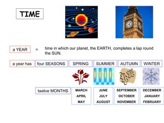 TIME a YEAR = time in which our planet, the EARTH, completes a lap round the SUN. a year has four SEASONS SPRING SUMMER AUTUMN WINTER twelve MONTHS MARCH APRIL MAY JUNE JULY AUGUST SEPTEMBER OCTOBER NOVEMBER DECEMBER JANUARY FEBRUARY 