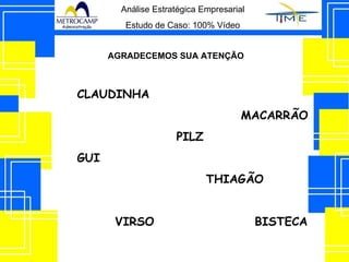 Análise Estratégica Empresarial Estudo de Caso: 100% Vídeo AGRADECEMOS SUA ATENÇÃO CLAUDINHA MACARRÃO PILZ GUI THIAGÃO VIRSO BISTECA 