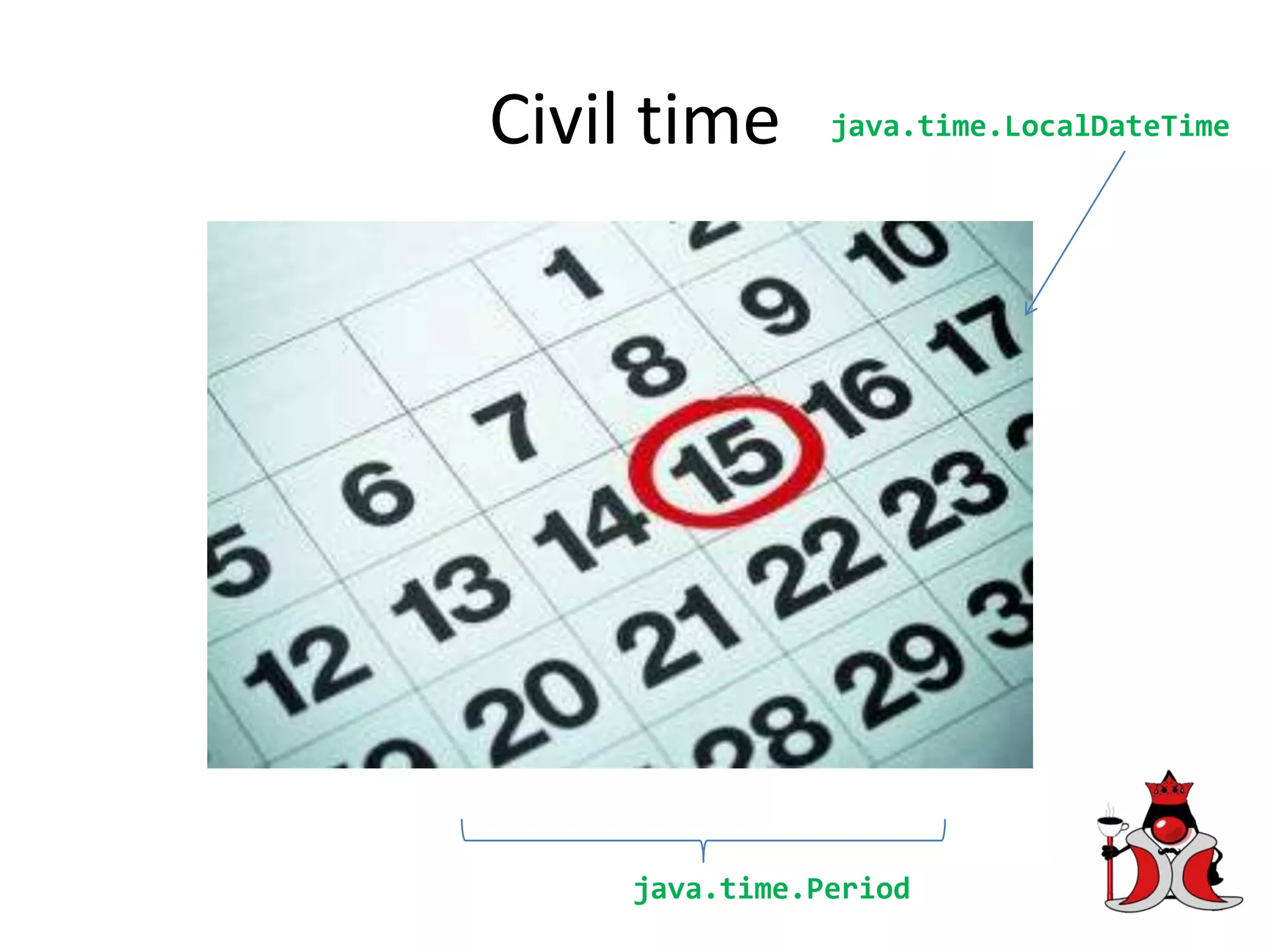 Civil time java.time.LocalDateTime
java.time.Period
 