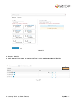 © Sentrifugo 2015 - All Rights Reserved Page 9 of 17
Figure 2.3
a. Add more resources
b. Assign tasks to resources and on clicking this option a pop up (Figure 2.4.1 ) window will open
Figure 2.4
 