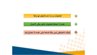 ً‫ا‬‫وقت‬ ‫لها‬ ‫فاجعل‬ ً‫ا‬‫دائم‬ ‫واردة‬ ‫المفاجآت‬
‫األعمال‬ ‫باقي‬ ‫تتأجل‬ ‫للمفاجآت‬ ‫تحتاط‬ ‫ال‬ ‫عندما‬
‫إليه‬ ‫تحتاج‬ ‫ال‬ ‫عندما‬ ‫حتى‬ ً‫ا‬‫ضائع‬ ً‫ا‬‫وقت‬ ‫ليس‬ ‫االحتياطي‬ ‫الوقت‬
 