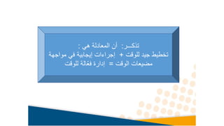 ‫تذكـــر‬
:
‫هي‬ ‫المعادلة‬ ‫أن‬
:
‫للوقت‬ ‫جيد‬ ‫تخطيط‬
+
‫مواج‬ ‫في‬ ‫إيجابية‬ ‫إجراءات‬
‫هة‬
‫الوقت‬ ‫مضيعات‬
=
‫للوقت‬ ‫ّالة‬‫ع‬‫ف‬ ‫إدارة‬
 