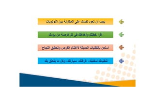 ‫األولويات‬ ‫بين‬ ‫المقارنة‬ ‫على‬ ‫نفسك‬ ‫تعود‬ ‫أن‬ ‫يجب‬
‫يومك‬ ‫من‬ ‫فرصة‬ ‫كل‬ ‫في‬ ‫وأهدافك‬ ‫خطتك‬ ‫اقرأ‬
‫النجاح‬ ‫وتحقيق‬ ‫الفرص‬ ‫الغتنام‬ ‫الحديثة‬ ‫بالتقنيات‬ ‫استعن‬
‫بك‬ ‫يتعلق‬ ‫ما‬ ‫وكل‬ ،‫سيارتك‬ ،‫غرفتك‬ ،‫لمكتبك‬ ‫تنظيمك‬
 