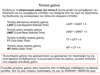 Τοπικοί χρόνοι
Σύνδεση με το αστρονομικό μήκος του τόπου Λ (γωνία μεταξύ του μεσημβρινού του
Greenwich και του μεσημβρινού επιπέδου που διέρχεται από την τομή της προέκτασης
της διεύθυνσης της κατακορύφου του τόπου στο ισημερινό επίπεδο)
Τοπικός φαινόμενος αστρικός χρόνος
LAST (Local Apparent Sidereal Time) LAST = GAST + Λ
Τοπικός μέσος αστρικός χρόνος
LMST (Local Mean Sidereal Time) LMST = GMST + Λ
Τοπικός ή αληθής ηλιακός χρόνος
TT (True Solar Time) TT = GTT + Λ
Τοπικός μέσος ηλιακός χρόνος
MT (Mean Solar Time)
MT = UT + Λ
Τα συστήματα χρόνου που χρησιμοποιούν ως χρονόμετρο την περιστροφή της γης
είναι άρρηκτα συνδεδεμένα με τη γεωμετρική έννοια του μήκους, γωνιακή ποσότητα
που εκφράζει απευθείας χρόνο.
Η μονάδα μέτρησης χρόνου (sec) προκύπτει από τη διαδοχική υποδιαίρεση της βασικής
μονάδας, δηλ της μιας πλήρους περιστροφής της γης, σε 24x60x60 = 86400 ίσα μέρη
 