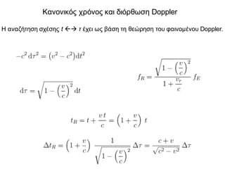 Κανονικός χρόνος και διόρθωση Doppler
Η αναζήτηση σχέσης t ßà τ έχει ως βάση τη θεώρηση του φαινομένου Doppler.
 