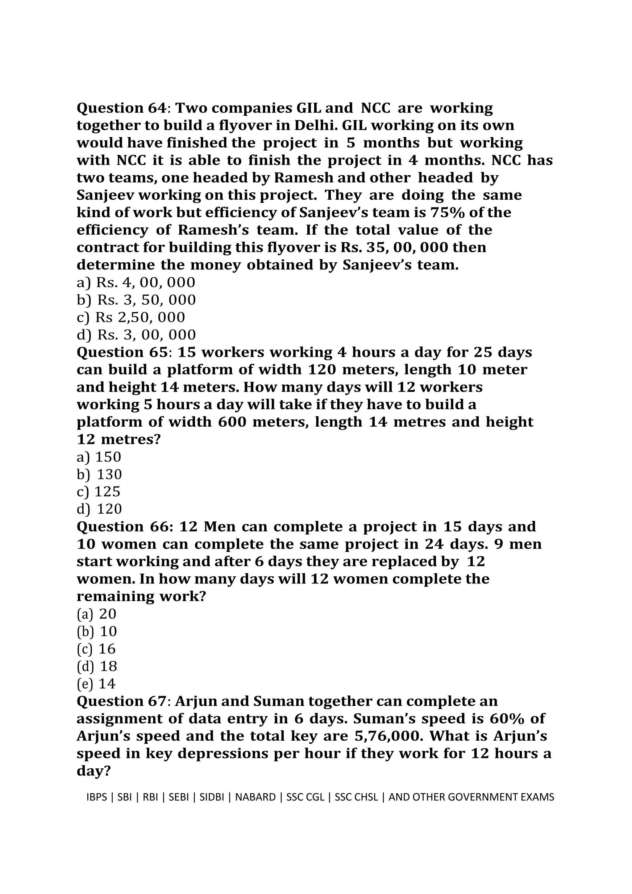 Question 64: Two companies GIL and NCC are working
together to build a flyover in Delhi. GIL working on its own
would have finished the project in 5 months but working
with NCC it is able to finish the project in 4 months. NCC has
two teams, one headed by Ramesh and other headed by
Sanjeev working on this project. They are doing the same
kind of work but efficiency of Sanjeev’s team is 75% of the
efficiency of Ramesh’s team. If the total value of the
contract for building this flyover is Rs. 35, 00, 000 then
determine the money obtained by Sanjeev’s team.
a) Rs. 4, 00, 000
b) Rs. 3, 50, 000
c) Rs 2,50, 000
d) Rs. 3, 00, 000
Question 65: 15 workers working 4 hours a day for 25 days
can build a platform of width 120 meters, length 10 meter
and height 14 meters. How many days will 12 workers
working 5 hours a day will take if they have to build a
platform of width 600 meters, length 14 metres and height
12 metres?
a) 150
b) 130
c) 125
d) 120
Question 66: 12 Men can complete a project in 15 days and
10 women can complete the same project in 24 days. 9 men
start working and after 6 days they are replaced by 12
women. In how many days will 12 women complete the
remaining work?
(a) 20
(b) 10
(c) 16
(d) 18
(e) 14
Question 67: Arjun and Suman together can complete an
assignment of data entry in 6 days. Suman’s speed is 60% of
Arjun’s speed and the total key are 5,76,000. What is Arjun’s
speed in key depressions per hour if they work for 12 hours a
day?
IBPS | SBI | RBI | SEBI | SIDBI | NABARD | SSC CGL | SSC CHSL | AND OTHER GOVERNMENT EXAMS 17
 