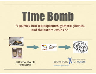 Jill Escher, MA, JD
@JillEscher
for AutismEscher Fund
Humans start as molecules
G e r m l i n e E x p o s u r e s . o r g
Time Bomb
A journey into old exposures, gametic glitches,
and the autism explosion
 