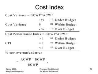 Cost Index
C o st V ariance = B C W P A C W P
                         + ve      U nder B udget
C o st V ariance         0         W ithin B udget
                         - ve      O ver B udget
C o st P erfo rm ance Index = B C W P /A C W P
                          > 1        U nder B udget
CPI                       = 1        W ithin B udget
                          < 1        O ver B udget
% co st o verrun/u nderrun

                ACW P    BCWP
            =                         ,
                       BCWP
Spring 2008,                  Time and Cost Control    19
King Saud University           Dr. Khalid Al-Gahtani
 