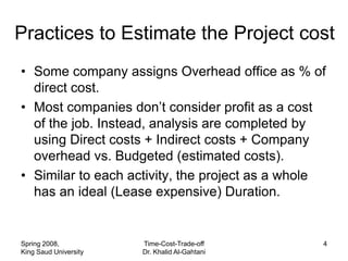 Practices to Estimate the Project cost
• Some company assigns Overhead office as % of
  direct cost.
• Most companies don’t consider profit as a cost
  of the job. Instead, analysis are completed by
  using Direct costs + Indirect costs + Company
  overhead vs. Budgeted (estimated costs).
• Similar to each activity, the project as a whole
  has an ideal (Lease expensive) Duration.


Spring 2008,           Time-Cost-Trade-off       4
King Saud University   Dr. Khalid Al-Gahtani
 