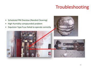 • Scheduled PM Overdue (Needed Cleaning)
• High Humidity compounded problem
• Expulsion Type Fuse failed to operate correctly
Troubleshooting
39
 