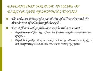 EXPLANATION FOR DIFF. IN SHAPE OF EARLY & LATE RESPONDING TISSUES   The radio sensitivity of a population of cells varies with the distribution of cells through the cycle . Two different cell populations may be radio resistant :- Population proliferating so fast that S phase occupies a major portion of cycle . Population proliferating so slowly that many cells are in early G 1  or not proliferating at all so that cells are in resting (G 0 ) phase.  