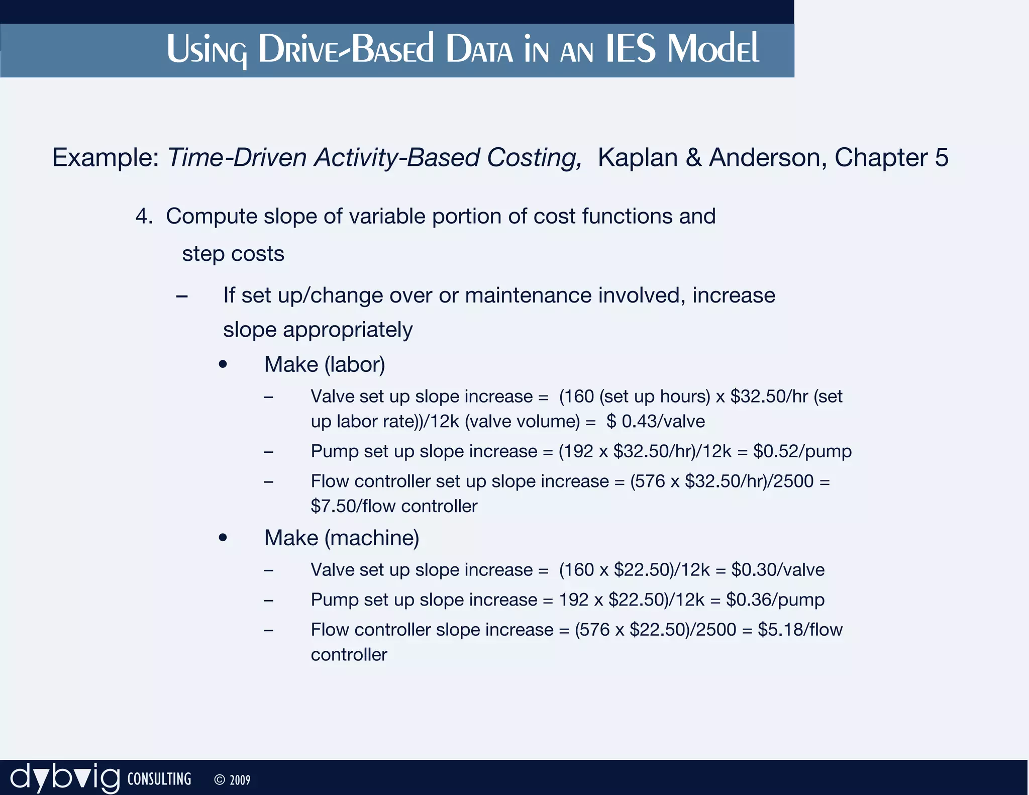 Using Drive-Based Data in an IES Model

   Example: Time-Driven Activity-Based Costing, Kaplan & Anderson, Chapter 5

           4. Compute slope of variable portion of cost functions and
                step costs
               –     If set up/change over or maintenance involved, increase
                     slope appropriately
                    •        Make (labor)
                             –   Valve set up slope increase = (160 (set up hours) x $32.50/hr (set
                                 up labor rate))/12k (valve volume) = $ 0.43/valve
                             –   Pump set up slope increase = (192 x $32.50/hr)/12k = $0.52/pump
                             –   Flow controller set up slope increase = (576 x $32.50/hr)/2500 =
                                 $7.50/flow controller
                    •        Make (machine)
                             –   Valve set up slope increase = (160 x $22.50)/12k = $0.30/valve
                             –   Pump set up slope increase = 192 x $22.50)/12k = $0.36/pump
                             –   Flow controller slope increase = (576 x $22.50)/2500 = $5.18/flow
                                 controller




dybvig CONSULTING   © 2009
 