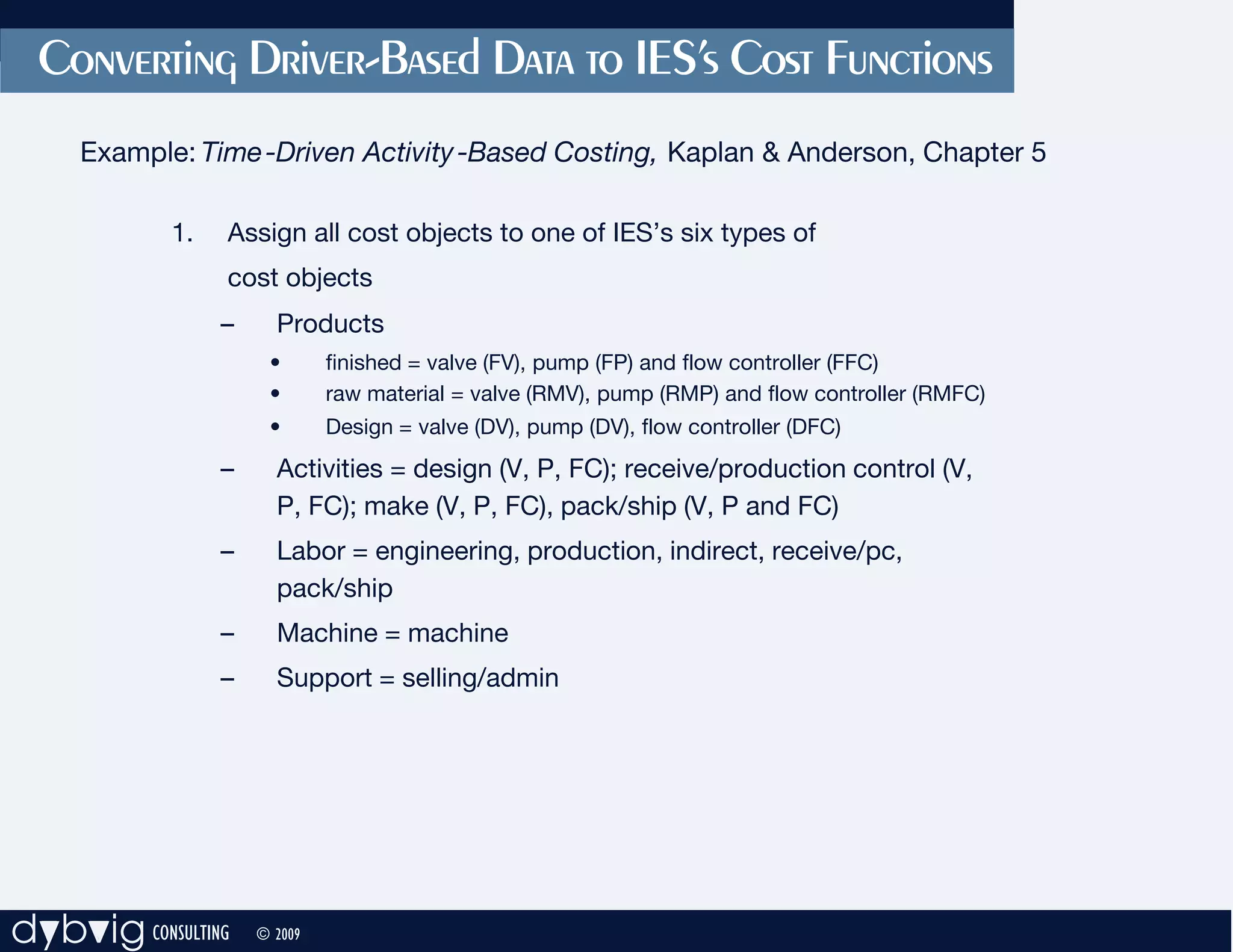 Converting Driver-Based Data to IES’s Cost Functions
     Example: Time -Driven Activity -Based Costing, Kaplan & Anderson, Chapter 5

            1.   Assign all cost objects to one of IES’s six types of
                 cost objects
                 –     Products
                      •       finished = valve (FV), pump (FP) and flow controller (FFC)
                      •       raw material = valve (RMV), pump (RMP) and flow controller (RMFC)
                      •       Design = valve (DV), pump (DV), flow controller (DFC)
                 –     Activities = design (V, P, FC); receive/production control (V,
                       P, FC); make (V, P, FC), pack/ship (V, P and FC)
                 –     Labor = engineering, production, indirect, receive/pc,
                       pack/ship
                 –     Machine = machine
                 –     Support = selling/admin




dybvig CONSULTING    © 2009
 