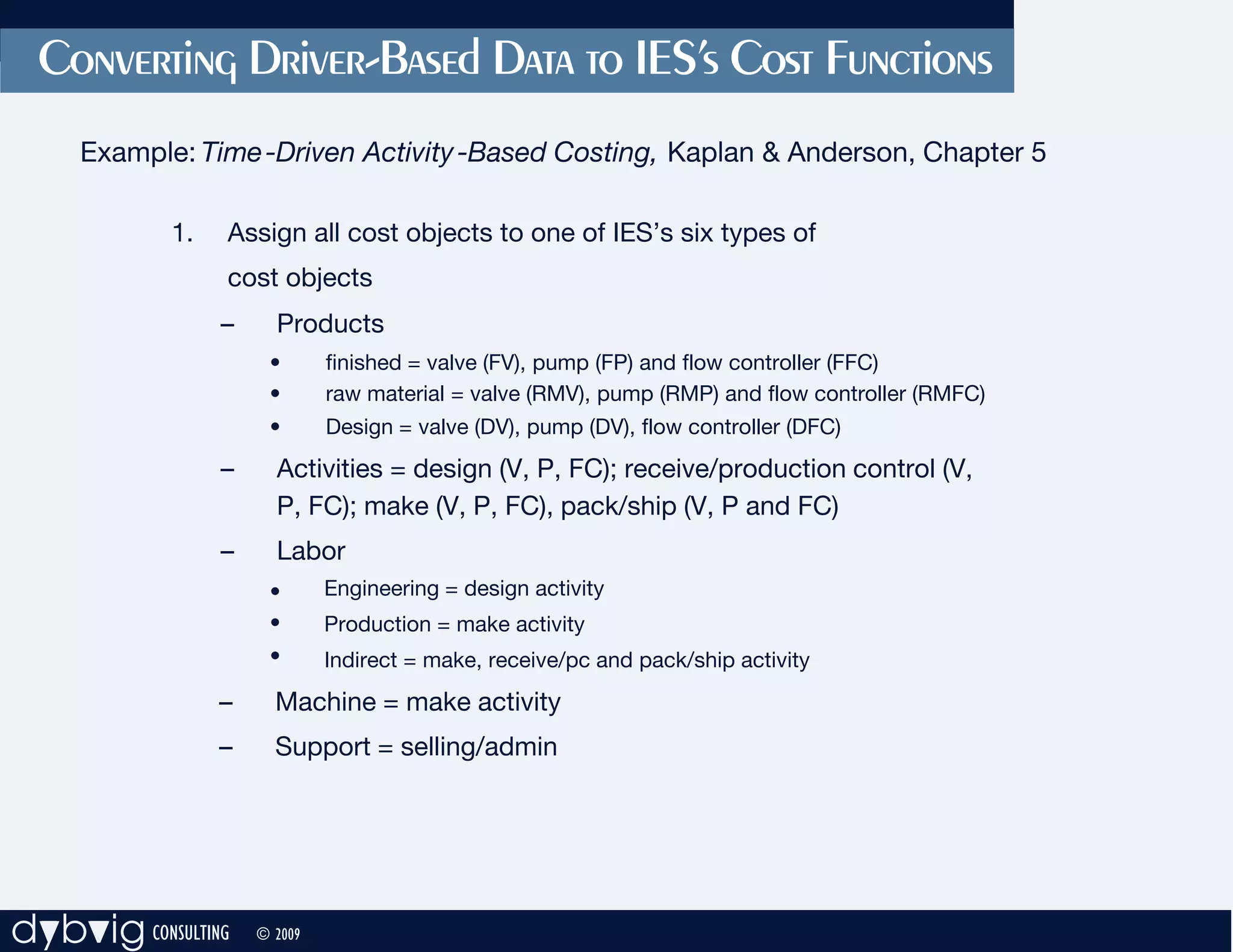 Converting Driver-Based Data to IES’s Cost Functions
     Example: Time -Driven Activity -Based Costing, Kaplan & Anderson, Chapter 5

            1.   Assign all cost objects to one of IES’s six types of
                 cost objects
                 –     Products
                      •       finished = valve (FV), pump (FP) and flow controller (FFC)
                      •       raw material = valve (RMV), pump (RMP) and flow controller (RMFC)
                      •       Design = valve (DV), pump (DV), flow controller (DFC)
                 –     Activities = design (V, P, FC); receive/production control (V,
                       P, FC); make (V, P, FC), pack/ship (V, P and FC)
                 –     Labor
                      •       Engineering = design activity
                      •       Production = make activity
                      •       Indirect = make, receive/pc and pack/ship activity
                 –     Machine = make activity
                 –     Support = selling/admin




dybvig CONSULTING    © 2009
 