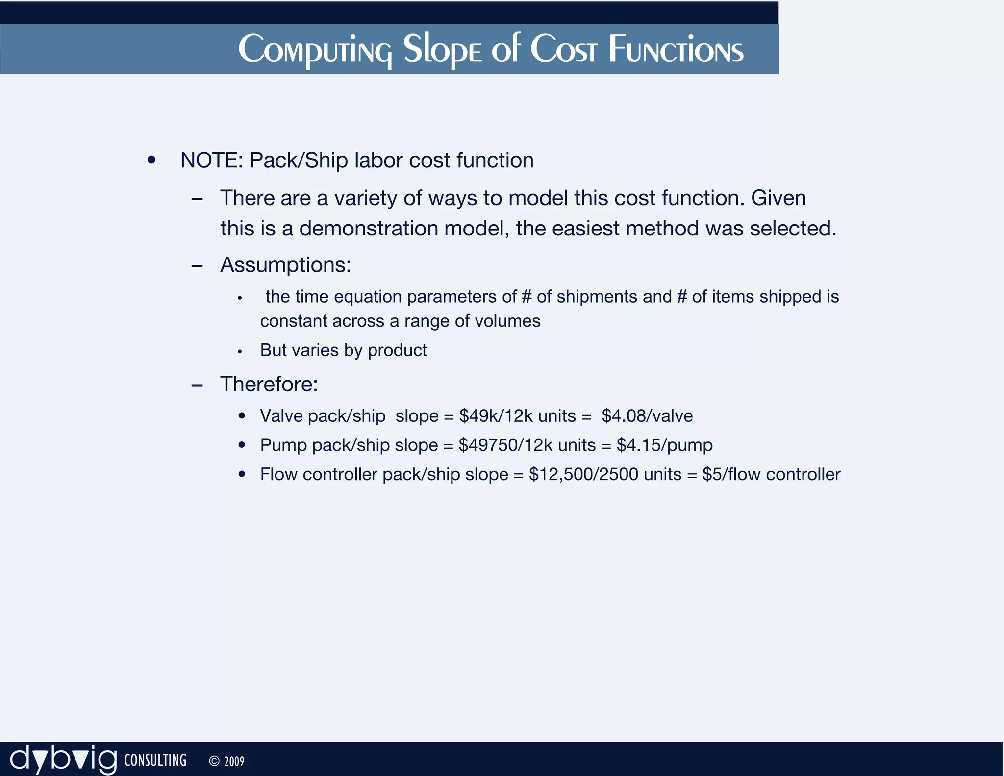 Computing Slope of Cost Functions

             •   NOTE: Pack/Ship labor cost function
                    – There are a variety of ways to model this cost function. Given
                      this is a demonstration model, the easiest method was selected.
                    – Assumptions:
                         •     the time equation parameters of # of shipments and # of items shipped is
                              constant across a range of volumes
                         •    But varies by product
                    – Therefore:
                         • Valve pack/ship slope = $49k/12k units = $4.08/valve
                         • Pump pack/ship slope = $49750/12k units = $4.15/pump
                         • Flow controller pack/ship slope = $12,500/2500 units = $5/flow controller




dybvig CONSULTING    © 2009
 