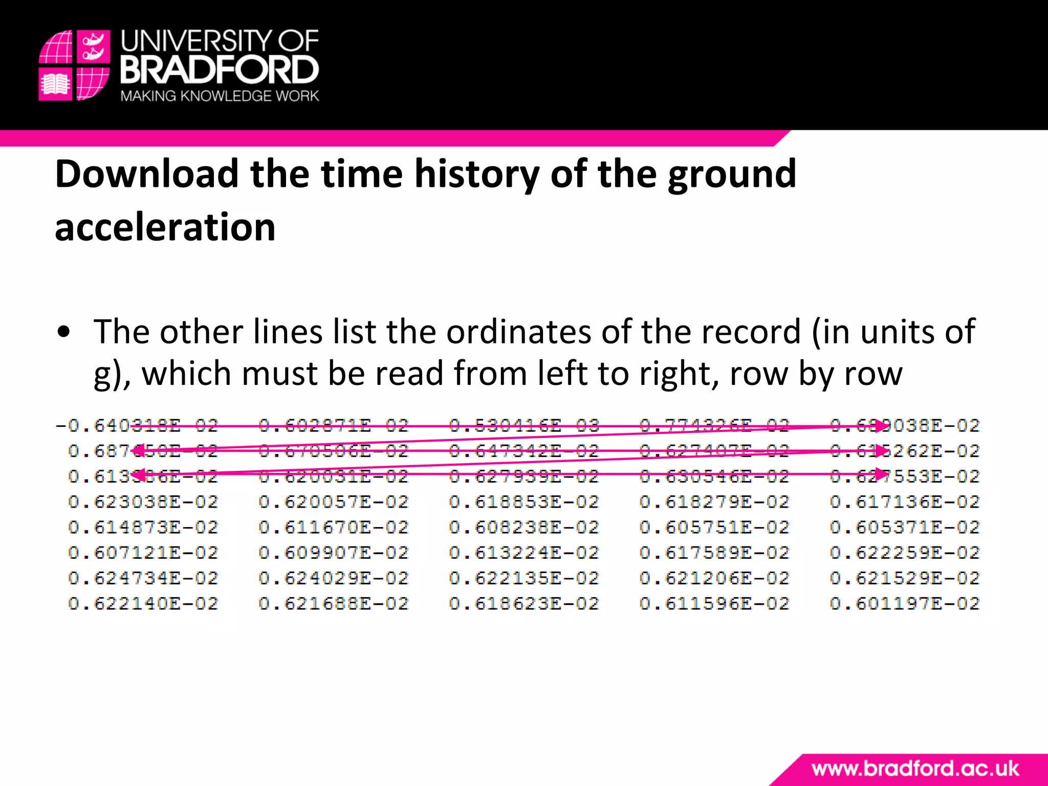 The other lines list the ordinates of the record (in units of g), which must be read from left to right, row by row Download the time history of the ground acceleration 