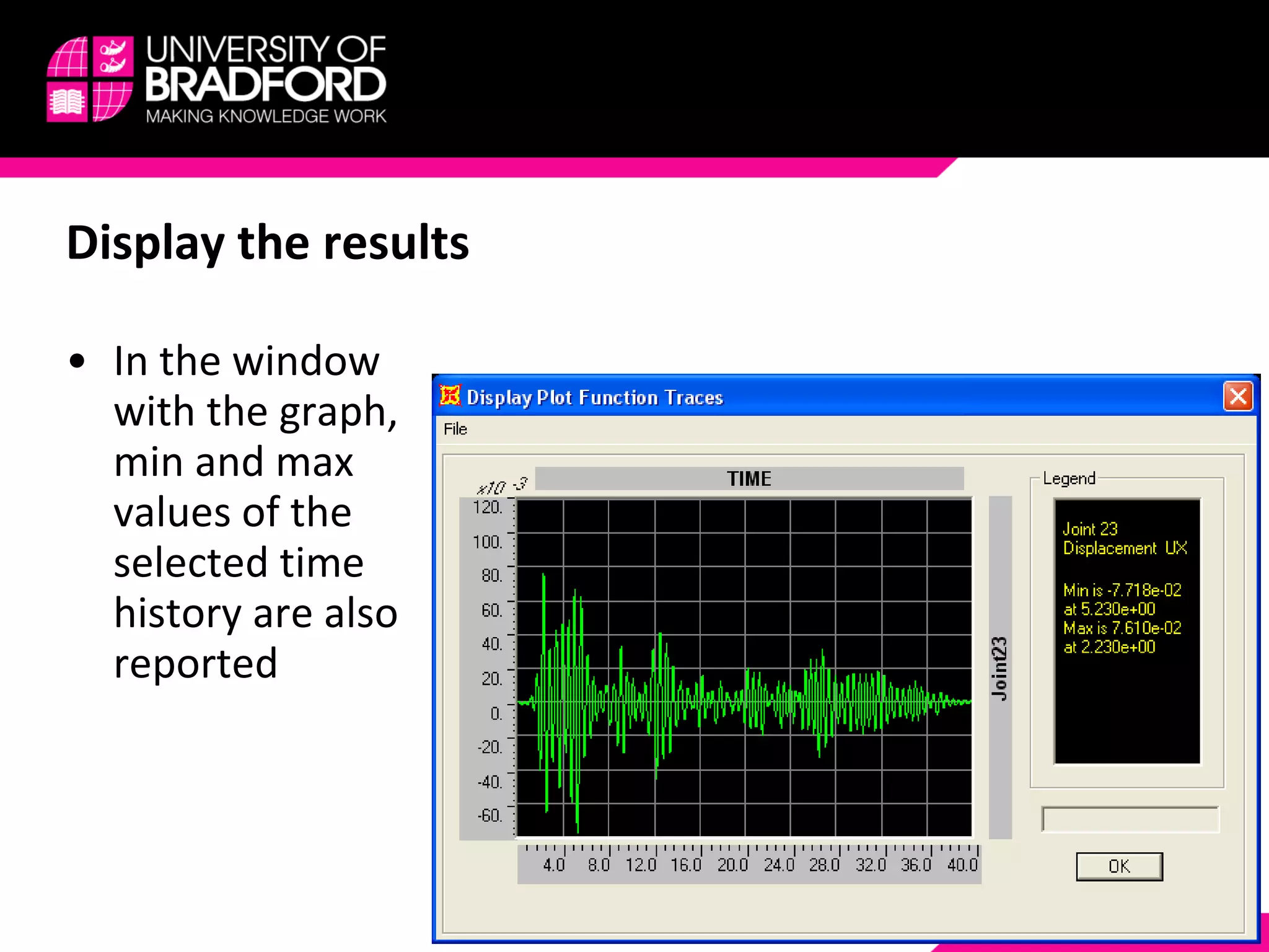 Display the results In the window with the graph, min and max values of the selected time history are also reported 