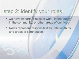 time step 2: identify your roles we have important roles at work, in the family, in the community, or other areas of our lives Roles represent responsibilities, relationships, and areas of contribution 
