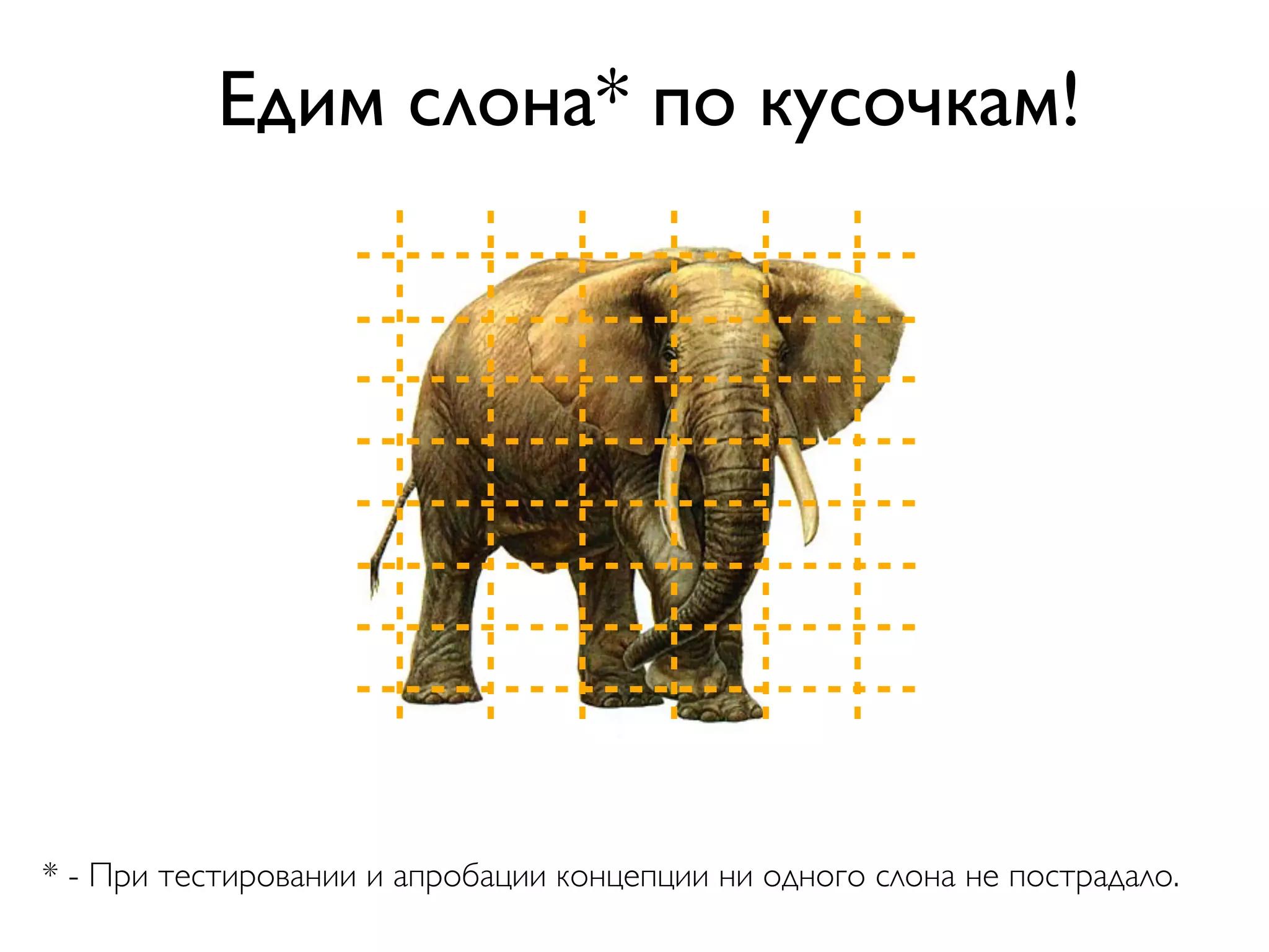 Едим слона* по кусочкам!




* - При тестировании и апробации концепции ни одного слона не пострадало.
 