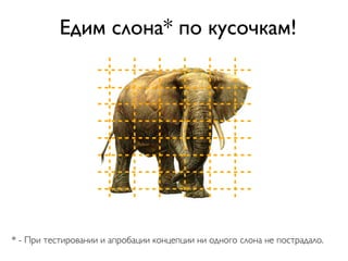 Едим слона* по кусочкам!




* - При тестировании и апробации концепции ни одного слона не пострадало.
 