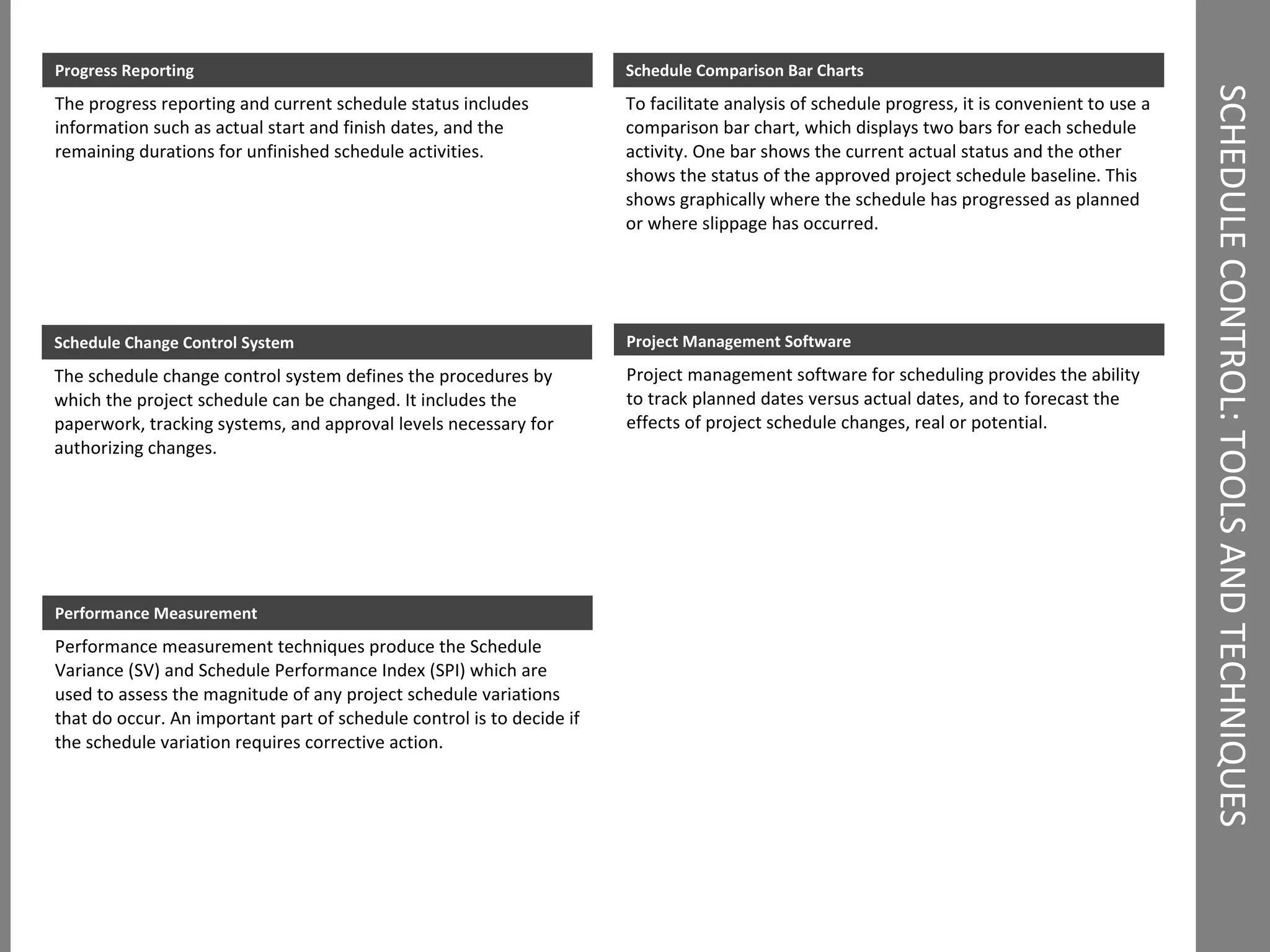 SCHEDULE CONTROL: TOOLS AND TECHNIQUES  Schedule Comparison Bar Charts To facilitate analysis of schedule progress, it is convenient to use a comparison bar chart, which displays two bars for each schedule activity. One bar shows the current actual status and the other shows the status of the approved project schedule baseline. This shows graphically where the schedule has progressed as planned or where slippage has occurred.  Progress Reporting  The progress reporting and current schedule status includes information such as actual start and finish dates, and the remaining durations for unfinished schedule activities.  Schedule Change Control System  The schedule change control system defines the procedures by which the project schedule can be changed. It includes the paperwork, tracking systems, and approval levels necessary for authorizing changes. Performance Measurement  Performance measurement techniques produce the Schedule Variance (SV) and Schedule Performance Index (SPI) which are used to assess the magnitude of any project schedule variations that do occur. An important part of schedule control is to decide if the schedule variation requires corrective action. Project Management Software  Project management software for scheduling provides the ability to track planned dates versus actual dates, and to forecast the effects of project schedule changes, real or potential. 