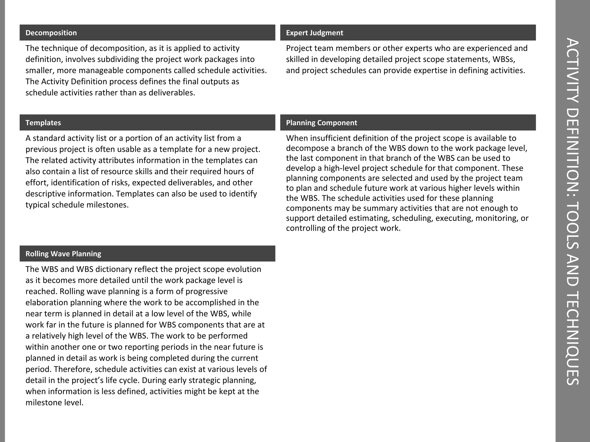 ACTIVITY DEFINITION: TOOLS AND TECHNIQUES  Decomposition The technique of decomposition, as it is applied to activity definition, involves subdividing the project work packages into smaller, more manageable components called schedule activities. The Activity Definition process defines the final outputs as schedule activities rather than as deliverables. Expert Judgment Project team members or other experts who are experienced and skilled in developing detailed project scope statements, WBSs, and project schedules can provide expertise in defining activities.  Rolling Wave Planning The WBS and WBS dictionary reflect the project scope evolution as it becomes more detailed until the work package level is reached. Rolling wave planning is a form of progressive elaboration planning where the work to be accomplished in the near term is planned in detail at a low level of the WBS, while work far in the future is planned for WBS components that are at a relatively high level of the WBS. The work to be performed within another one or two reporting periods in the near future is planned in detail as work is being completed during the current period. Therefore, schedule activities can exist at various levels of detail in the project’s life cycle. During early strategic planning, when information is less defined, activities might be kept at the milestone level. Templates A standard activity list or a portion of an activity list from a previous project is often usable as a template for a new project. The related activity attributes information in the templates can also contain a list of resource skills and their required hours of effort, identification of risks, expected deliverables, and other descriptive information. Templates can also be used to identify typical schedule milestones. Planning Component When insufficient definition of the project scope is available to decompose a branch of the WBS down to the work package level, the last component in that branch of the WBS can be used to develop a high-level project schedule for that component. These planning components are selected and used by the project team to plan and schedule future work at various higher levels within the WBS. The schedule activities used for these planning components may be summary activities that are not enough to support detailed estimating, scheduling, executing, monitoring, or controlling of the project work. 