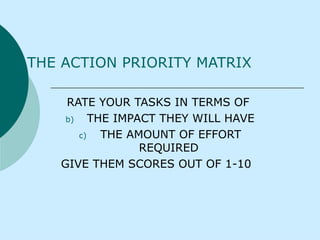 THE ACTION PRIORITY MATRIX RATE YOUR TASKS IN TERMS OF  THE IMPACT THEY WILL HAVE THE AMOUNT OF EFFORT REQUIRED  GIVE THEM SCORES OUT OF 1-10   