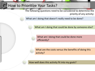 How to Prioritize Your Tasks?
The following questions need to be considered to determine the
priority of any activity:
What am I doing that doesn’t really need to be done?
What am I doing that could be done by someone else?
What am I doing that could be done more
efficiently?
What are the costs versus the benefits of doing this
activity?
How well does this activity fit into my goals?
 