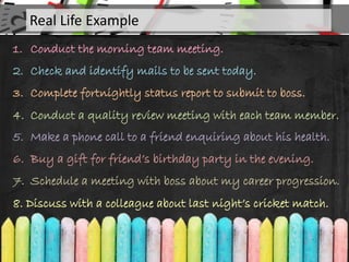1. Conduct the morning team meeting.
2. Check and identify mails to be sent today.
3. Complete fortnightly status report to submit to boss.
4. Conduct a quality review meeting with each team member.
5. Make a phone call to a friend enquiring about his health.
Real Life Example
6. Buy a gift for friend’s birthday party in the evening.
7. Schedule a meeting with boss about my career progression.
8. Discuss with a colleague about last night’s cricket match.
 