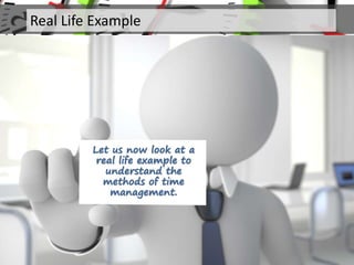 Let us now look at a
real life example to
understand the
methods of time
management.
Real Life Example
 