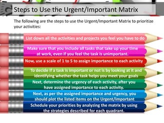 Steps to Use the Urgent/Important Matrix
The following are the steps to use the Urgent/Important Matrix to prioritize
your activities:
List down all the activities and projects you feel you have to do
Make sure that you include all tasks that take up your time
at work, even if you feel the task is unimportant.
Now, use a scale of 1 to 5 to assign importance to each activity
To decide if a task is important or not is by looking at it and
identifying whether the task helps you meet your goals
Next, determine the urgency of each activity, after you
have assigned importance to each activity.
Next, as per the assigned importance and urgency, you
should plot the listed items on the Urgent/Important
Matrix.Schedule your priorities by analyzing the matrix by using
the strategies described for each quadrant.
 