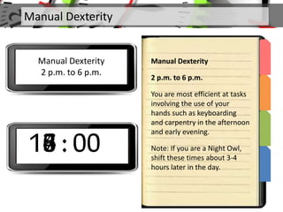 Manual Dexterity
Manual Dexterity
2 p.m. to 6 p.m.
Manual Dexterity
2 p.m. to 6 p.m.
You are most efficient at tasks
involving the use of your
hands such as keyboarding
and carpentry in the afternoon
and early evening.
Note: If you are a Night Owl,
shift these times about 3-4
hours later in the day.
14 : 0015 : 0016 : 0017 : 0018 : 00
 