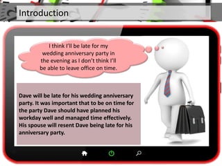 Introduction
I think I’ll be late for my
wedding anniversary party in
the evening as I don’t think I’ll
be able to leave office on time.
Dave will be late for his wedding anniversary
party. It was important that to be on time for
the party Dave should have planned his
workday well and managed time effectively.
His spouse will resent Dave being late for his
anniversary party.
 