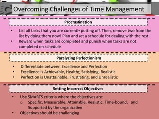 Overcoming Challenges of Time Management
Procrastination
• List all tasks that you are currently putting off. Then, remove two from the
list by doing them now! Plan and set a schedule for dealing with the rest
• Reward when tasks are completed and punish when tasks are not
completed on schedule
Paralyzing Perfectionism
• Differentiate between Excellence and Perfection
• Excellence is Achievable, Healthy, Satisfying, Realistic
• Perfection is Unattainable, Frustrating, and Unrealistic
Setting Incorrect Objectives
• Use SMARTS criteria where the objectives are:
o Specific, Measurable, Attainable, Realistic, Time-bound, and
Supported by the organization
• Objectives should be challenging
 
