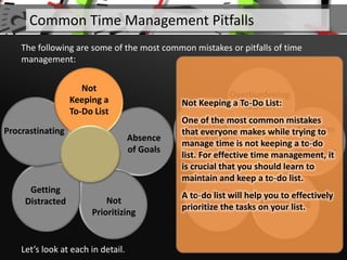 Absence
of Goals
Not
Prioritizing
Getting
Distracted
Procrastinating
Let’s look at each in detail.
Common Time Management Pitfalls
The following are some of the most common mistakes or pitfalls of time
management:
Overburdening
Yourself
Addiction
to
‘Busyness’
Multitasking
Avoiding
Breaks
Ineffective
Scheduling
Not
Keeping a
To-Do List
Not Keeping a To-Do List:
One of the most common mistakes
that everyone makes while trying to
manage time is not keeping a to-do
list. For effective time management, it
is crucial that you should learn to
maintain and keep a to-do list.
A to-do list will help you to effectively
prioritize the tasks on your list.
 
