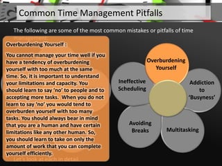 Not
Keeping a
To-Do List
Absence
of Goals
Not
Prioritizing
Getting
Distracted
Procrastinating
Let’s look at each in detail.
Common Time Management Pitfalls
The following are some of the most common mistakes or pitfalls of time
management:
Addiction
to
‘Busyness’
Multitasking
Avoiding
Breaks
Ineffective
Scheduling
Overburdening
Yourself
Overburdening Yourself :
You cannot manage your time well if you
have a tendency of overburdening
yourself with too much at the same
time. So, it is important to understand
your limitations and capacity. You
should learn to say ‘no’ to people and to
accepting more tasks. When you do not
learn to say ‘no’ you would tend to
overburden yourself with too many
tasks. You should always bear in mind
that you are a human and have certain
limitations like any other human. So,
you should learn to take on only the
amount of work that you can complete
yourself efficiently.
 