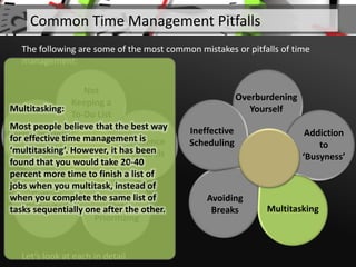 Not
Keeping a
To-Do List
Absence
of Goals
Not
Prioritizing
Getting
Distracted
Procrastinating
Let’s look at each in detail.
Common Time Management Pitfalls
The following are some of the most common mistakes or pitfalls of time
management:
Overburdening
Yourself
Addiction
to
‘Busyness’
Avoiding
Breaks
Ineffective
Scheduling
Multitasking
Multitasking:
Most people believe that the best way
for effective time management is
‘multitasking’. However, it has been
found that you would take 20-40
percent more time to finish a list of
jobs when you multitask, instead of
when you complete the same list of
tasks sequentially one after the other.
 