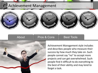 Achievement Management
About
Achievement Management style includes
and describes people who measure their
success by how much they take on. Such
people cannot say “no” to accept more
projects and can get overwhelmed. Such
people find it difficult to do everything to
the best of their ability and may tend to
forget a task.
Pros & Cons Best Tools
 
