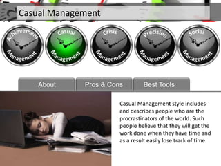 Casual Management
About
Casual Management style includes
and describes people who are the
procrastinators of the world. Such
people believe that they will get the
work done when they have time and
as a result easily lose track of time.
Pros & Cons Best Tools
 