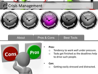 • Pros:
o Tendency to work well under pressure.
o Tasks get finished as the deadlines help
to drive such people.
• Con:
o Getting easily stressed and distracted.
Crisis Management
About Pros & Cons Best Tools
 