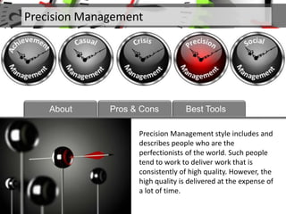 Precision Management
About
Precision Management style includes and
describes people who are the
perfectionists of the world. Such people
tend to work to deliver work that is
consistently of high quality. However, the
high quality is delivered at the expense of
a lot of time.
Pros & Cons Best Tools
 