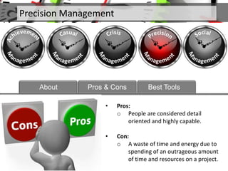 • Pros:
o People are considered detail
oriented and highly capable.
• Con:
o A waste of time and energy due to
spending of an outrageous amount
of time and resources on a project.
Precision Management
About Pros & Cons Best Tools
 